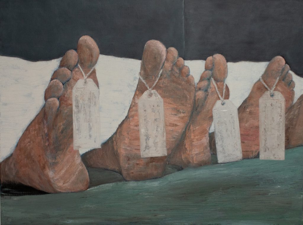 Painting "double checked" by Belgian artist & painter Axel van Ickx - the symbolic representation of dead people counted twice in the Belgian covid-19 statistics