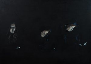 Painting "Asocial Media" by Belgian artist & painter Axel van Ickx - 3 kids on their mobile devices, in the dark, unaware of each others' presence
