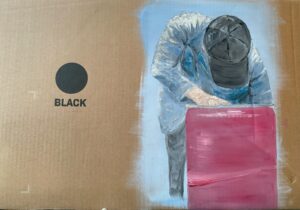Black, painting on cardboard, a homeless man grabbing food from a huge can