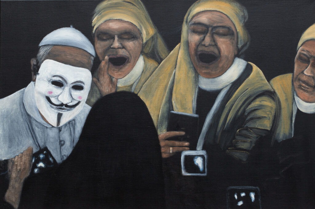 Blind Faith - painting depicting devoted women adoring the pope wearing an Anonymous mask
