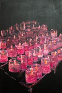 Painting "Faux espoirs" by Belgian artist & painter Axel van Ickx - candles in a French church, the symbol of people putting faith in a burning object