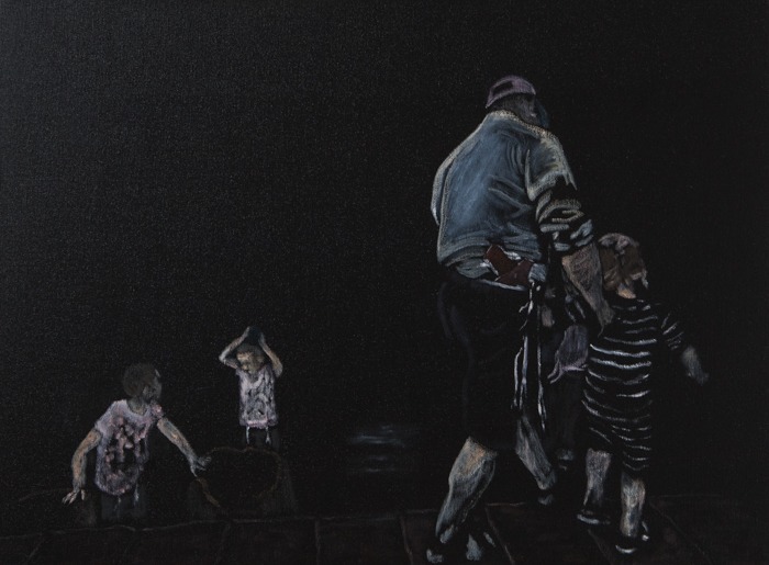 Painting "Jerusalem Daddy" by Belgian artist & painter Axel van Ickx - a father carrying a gun while playing with his kids in Jerusalem