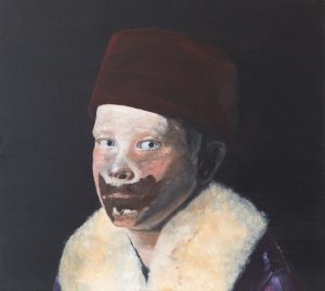 Painting "not guilty" by Belgian artist & painter Axel van Ickx - a boy dressed in old clothing having chocolate spread on this mouth