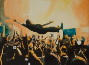 Skydive, oil on canvas painting by Belgian artist and painter Axel van Ickx - a man is hovering above the audience during a concert